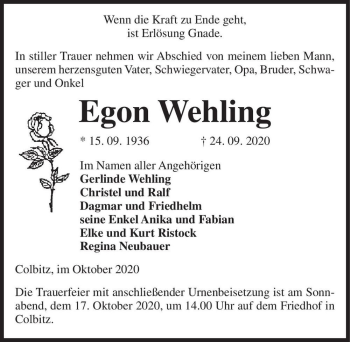 Traueranzeige von Egon Wehling  von Magdeburger Volksstimme