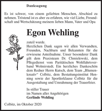 Traueranzeige von Egon Wehling  von Magdeburger Volksstimme