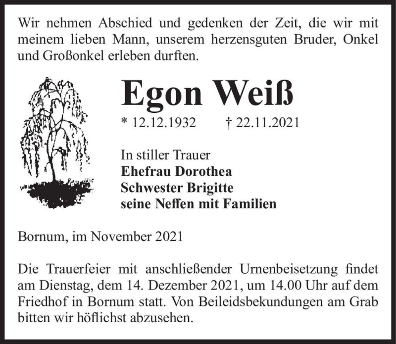  Traueranzeige für Egon Weiß  vom 04.12.2021 aus Magdeburger Volksstimme