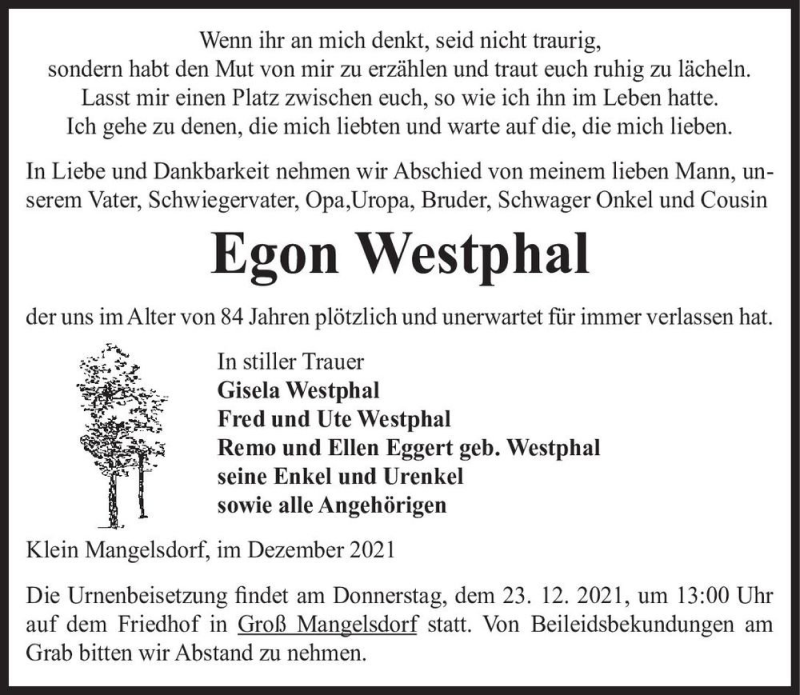  Traueranzeige für Egon Westphal  vom 18.12.2021 aus Magdeburger Volksstimme