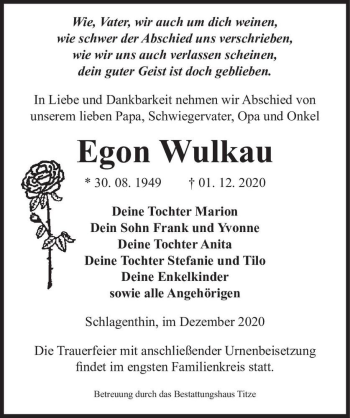 Traueranzeige von Egon Wulkau  von Magdeburger Volksstimme