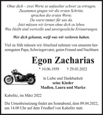 Traueranzeige von Egon Zacharias  von Magdeburger Volksstimme