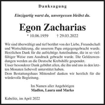 Traueranzeige von Egon Zacharias  von Magdeburger Volksstimme