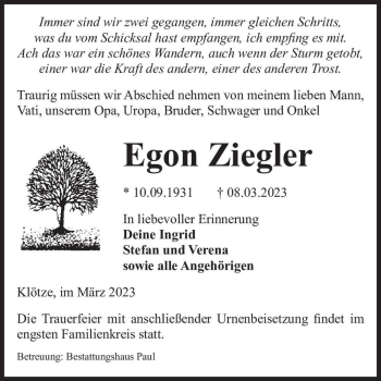 Traueranzeige von Egon Ziegler  von Magdeburger Volksstimme