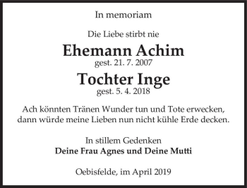 Traueranzeige von Ehemann Achim, Tochter Inge  von Magdeburger Volksstimme