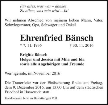 Traueranzeige von Ehrenfried Bänsch  von Magdeburger Volksstimme