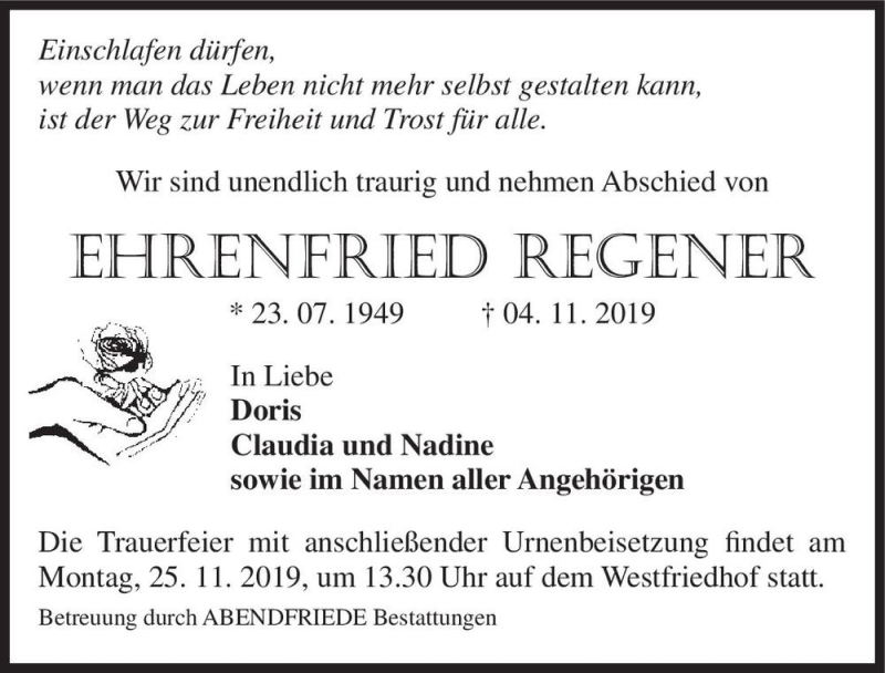 Traueranzeige für Ehrenfried Regener  vom 16.11.2019 aus Magdeburger Volksstimme