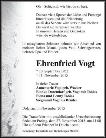 Traueranzeige von Ehrenfried Vogt  von Magdeburger Volksstimme
