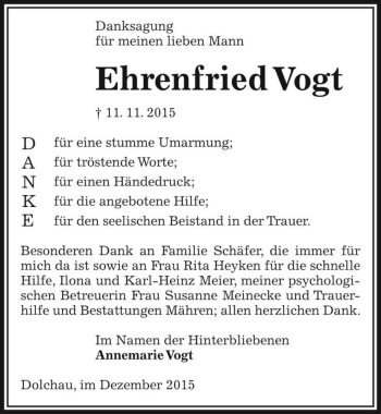 Traueranzeige von Ehrenfried Vogt  von Magdeburger Volksstimme