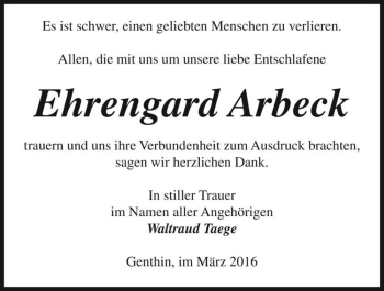 Traueranzeige von Ehrengard Arbeck  von Magdeburger Volksstimme