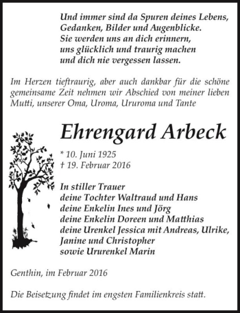 Traueranzeige von Ehrengard Arbeck  von Magdeburger Volksstimme