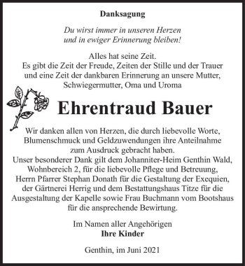 Traueranzeige von Ehrentraud Bauer  von Magdeburger Volksstimme