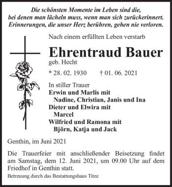 Traueranzeige von Ehrentraud Bauer (geb. Hecht)  von Magdeburger Volksstimme