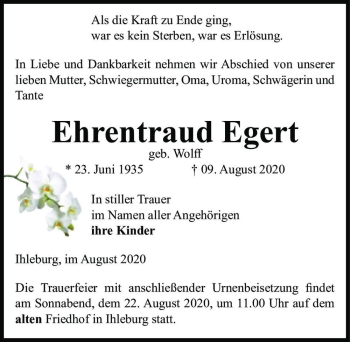 Traueranzeige von Ehrentraud Egert (geb. Wolff)  von Magdeburger Volksstimme