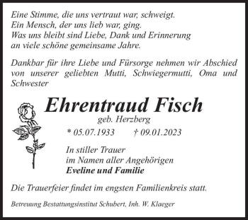 Traueranzeige von Ehrentraud Fisch (geb. Herzberg)  von Magdeburger Volksstimme