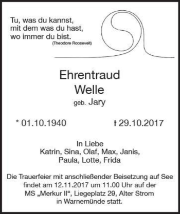 Traueranzeige von Ehrentraud Welle (geb. Jary)  von Magdeburger Volksstimme