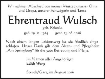 Traueranzeige von Ehrentraud Wulsch (geb. Krienke)  von Magdeburger Volksstimme