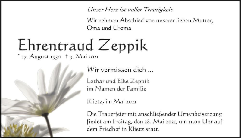  Traueranzeige für Ehrentraud Zeppik  vom 15.05.2021 aus Magdeburger Volksstimme