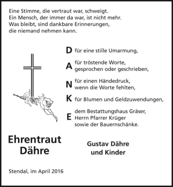 Traueranzeige von Ehrentraut Dähre  von Magdeburger Volksstimme