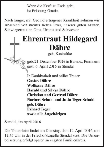Traueranzeige von Ehrentraut Hildegard Dähre (geb. Kasischke)  von Magdeburger Volksstimme