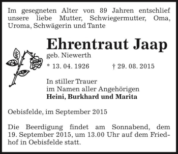 Traueranzeige von Ehrentraut Jaap (geb. Niewerth)  von Magdeburger Volksstimme