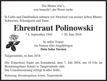 Traueranzeige von Ehrentraut Polinowski  von Magdeburger Volksstimme