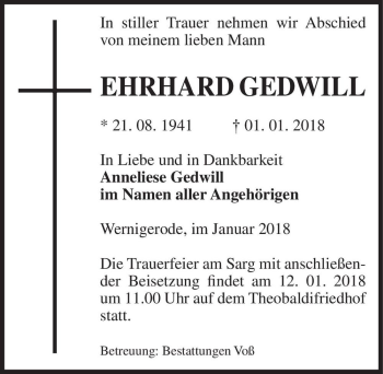 Traueranzeige von Ehrhard Gedwill  von Magdeburger Volksstimme