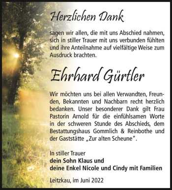 Traueranzeige von Ehrhard Gürtler  von Magdeburger Volksstimme