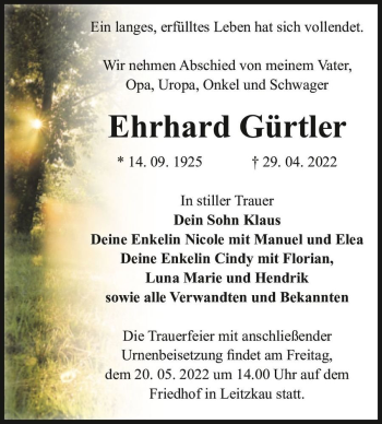 Traueranzeige von Ehrhard Gürtler  von Magdeburger Volksstimme