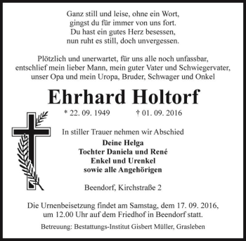 Traueranzeige von Ehrhard Holtorf  von Magdeburger Volksstimme