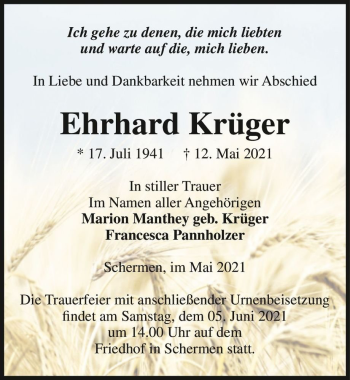Traueranzeige von Ehrhard Krüger  von Magdeburger Volksstimme