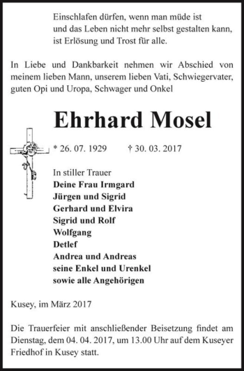 Traueranzeige von Ehrhard Mosel  von Magdeburger Volksstimme