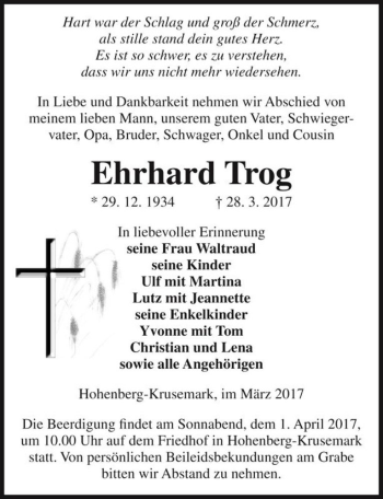 Traueranzeige von Ehrhard Trog  von Magdeburger Volksstimme
