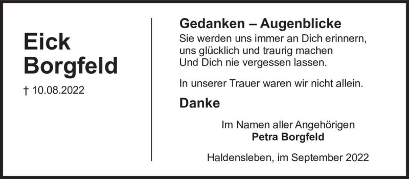  Traueranzeige für Eick Borgfeld  vom 03.09.2022 aus Magdeburger Volksstimme