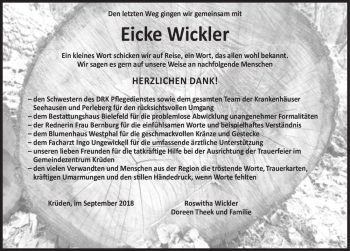 Traueranzeige von Eicke Wickler  von Magdeburger Volksstimme
