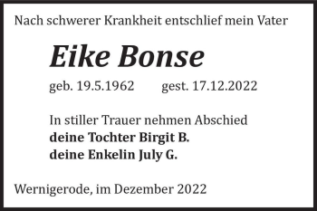 Traueranzeige von Eike Bonse  von Magdeburger Volksstimme