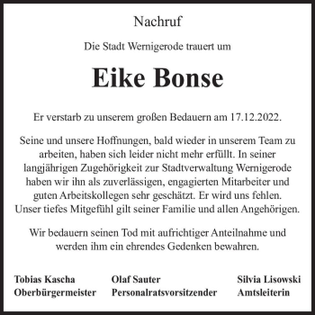 Traueranzeige von Eike Bonse  von Magdeburger Volksstimme