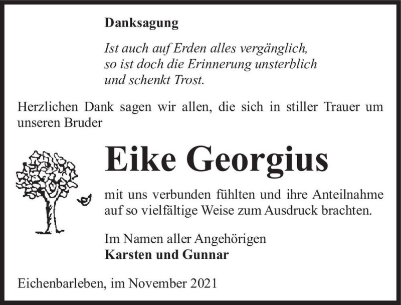  Traueranzeige für Eike Georgius  vom 06.11.2021 aus Magdeburger Volksstimme