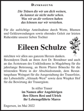 Traueranzeige von Eileen Schulze  von Magdeburger Volksstimme