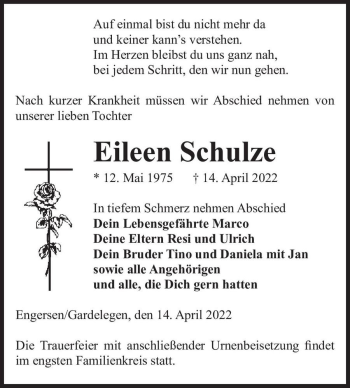 Traueranzeige von Eileen Schulze  von Magdeburger Volksstimme
