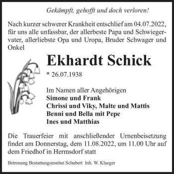 Traueranzeige von Ekhardt Schick  von Magdeburger Volksstimme