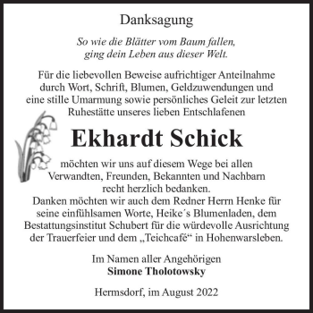 Traueranzeige von Ekhardt Schick  von Magdeburger Volksstimme