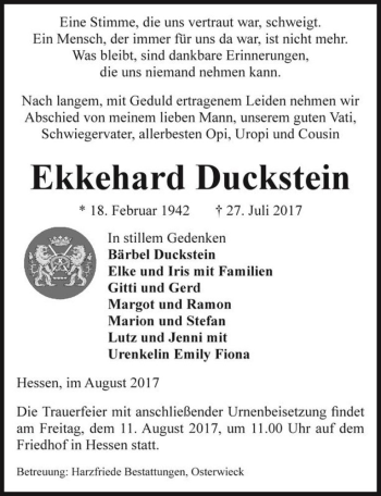 Traueranzeige von Ekkehard Duckstein  von Magdeburger Volksstimme