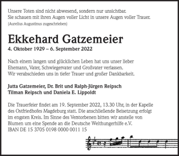 Traueranzeige von Ekkehard Gatzemeier  von Magdeburger Volksstimme