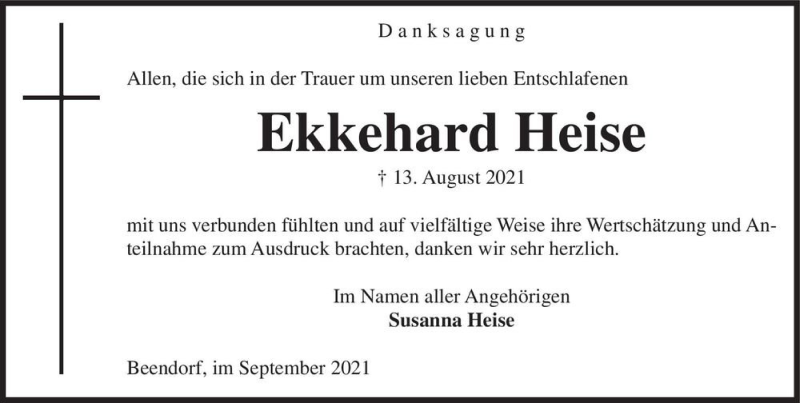  Traueranzeige für Ekkehard Heise  vom 18.09.2021 aus Magdeburger Volksstimme