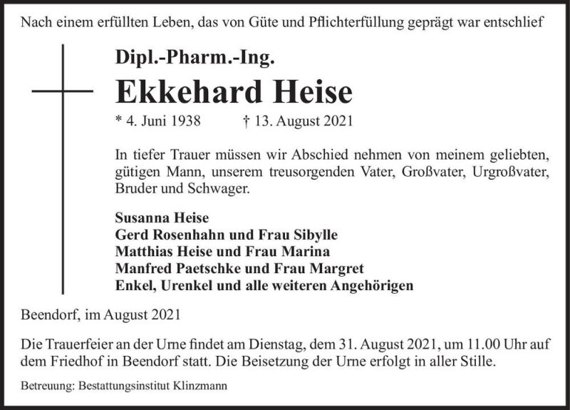  Traueranzeige für Ekkehard Heise  vom 20.08.2021 aus Magdeburger Volksstimme