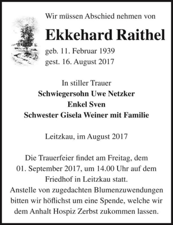 Traueranzeige von Ekkehard Raithel  von Magdeburger Volksstimme