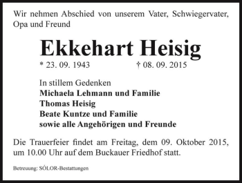 Traueranzeige von Ekkehart Heisig  von Magdeburger Volksstimme