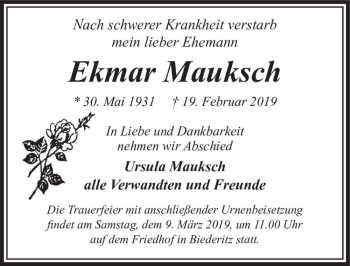 Traueranzeige von Ekmar Mauksch  von Magdeburger Volksstimme