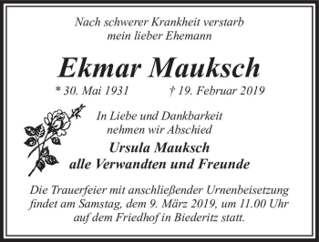 Traueranzeige von Ekmar Mauksch  von Magdeburger Volksstimme